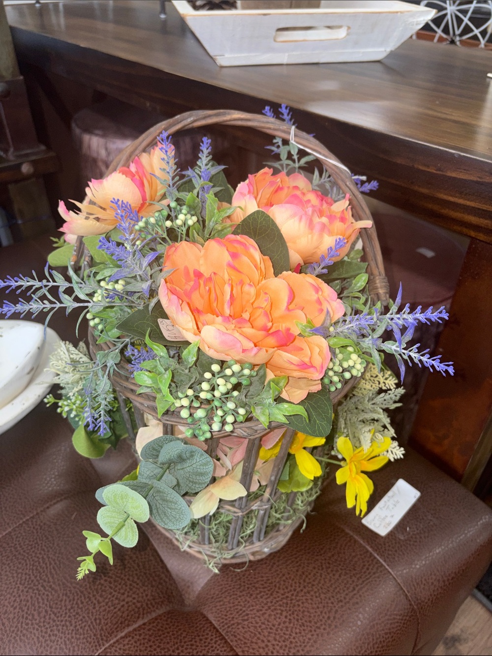 Peach & Lavender Faux Floral Basket Arrangement by